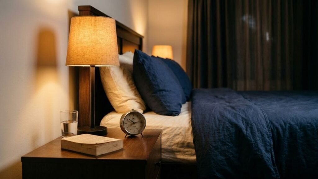 Alarm clock and lamp on a wooden nightstand beside a made bed in the evening