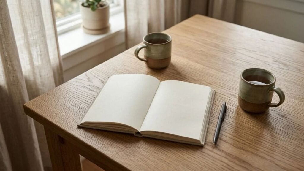 Blank notebook, pen and tea on a table beside relationship check in questions