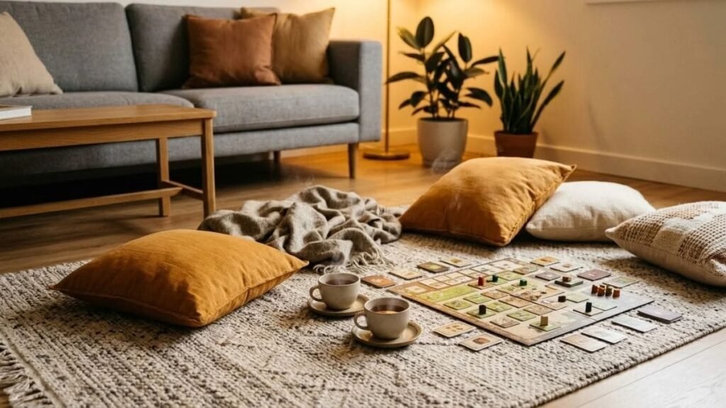 Board game, tea and cushions on a living room floor, no people