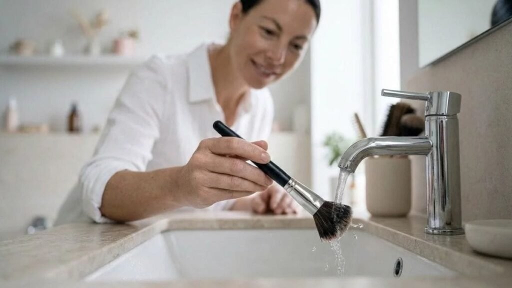 Brush tips rinsed under running water, a step in how to clean makeup brushes