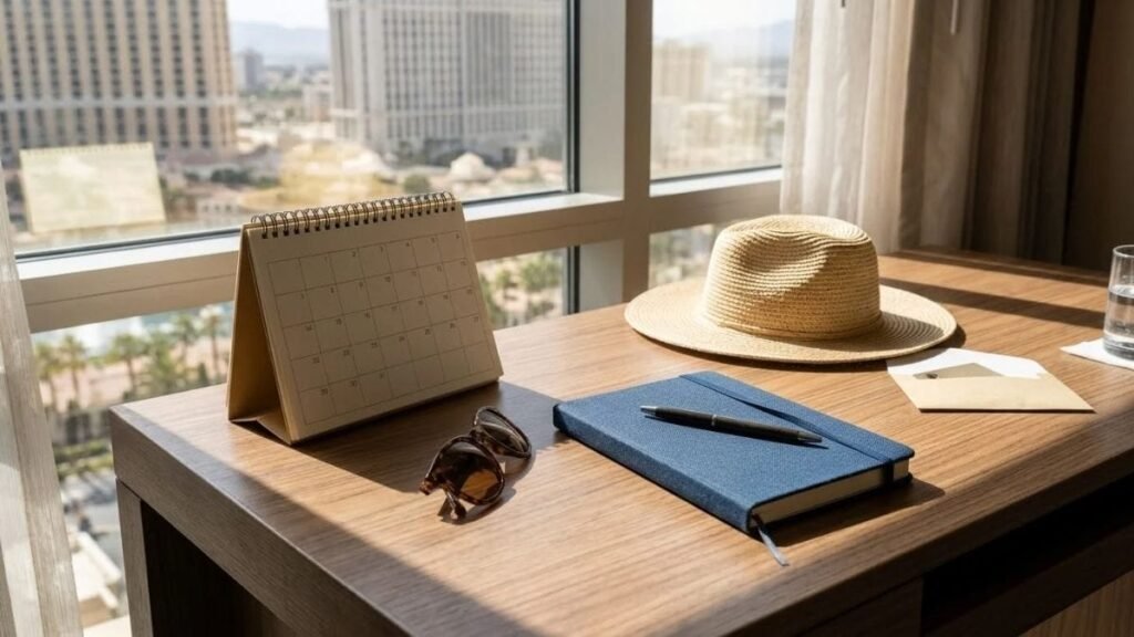 Calendar and sun hat for planning the best time to visit Las Vegas