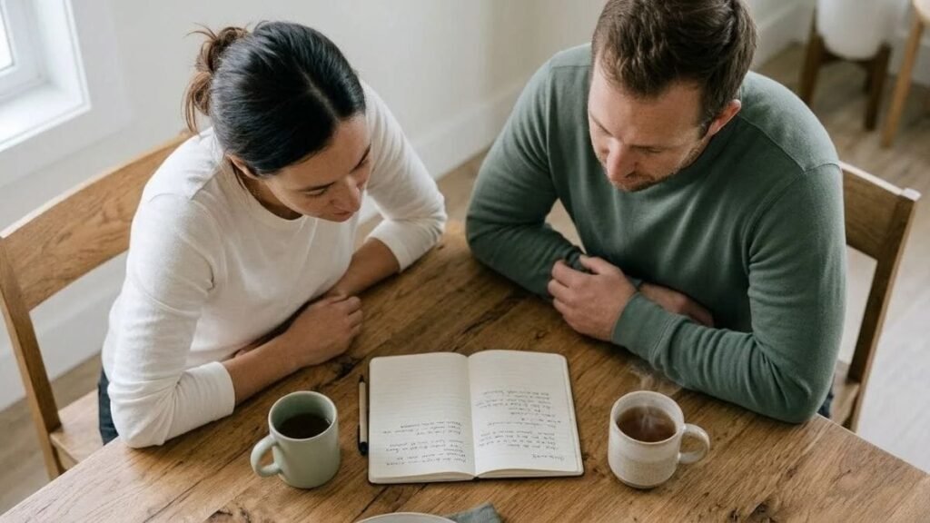 Couple at a kitchen table with notebooks on how to improve communication in a relationship