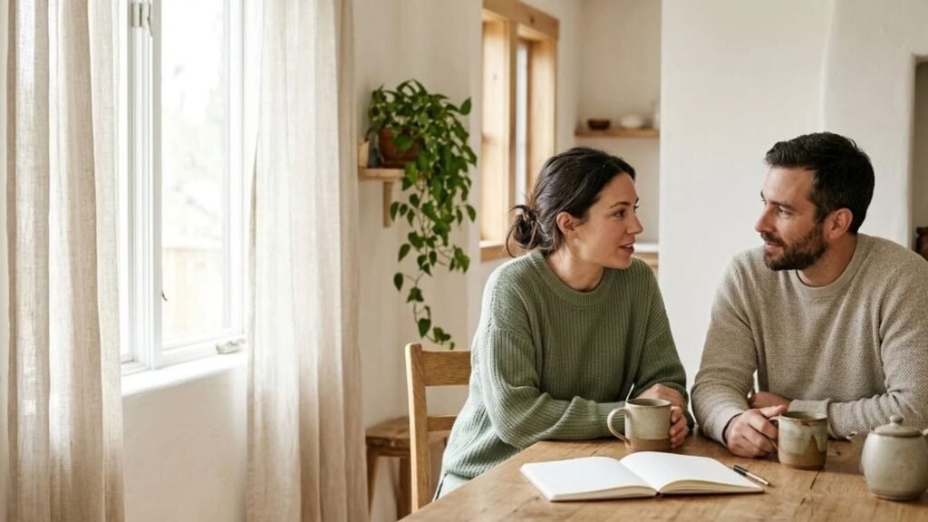 Couple at a table with tea sharing relationship check in questions