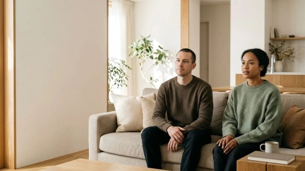 Couple calmly talking through a disagreement using couples fair fighting rules