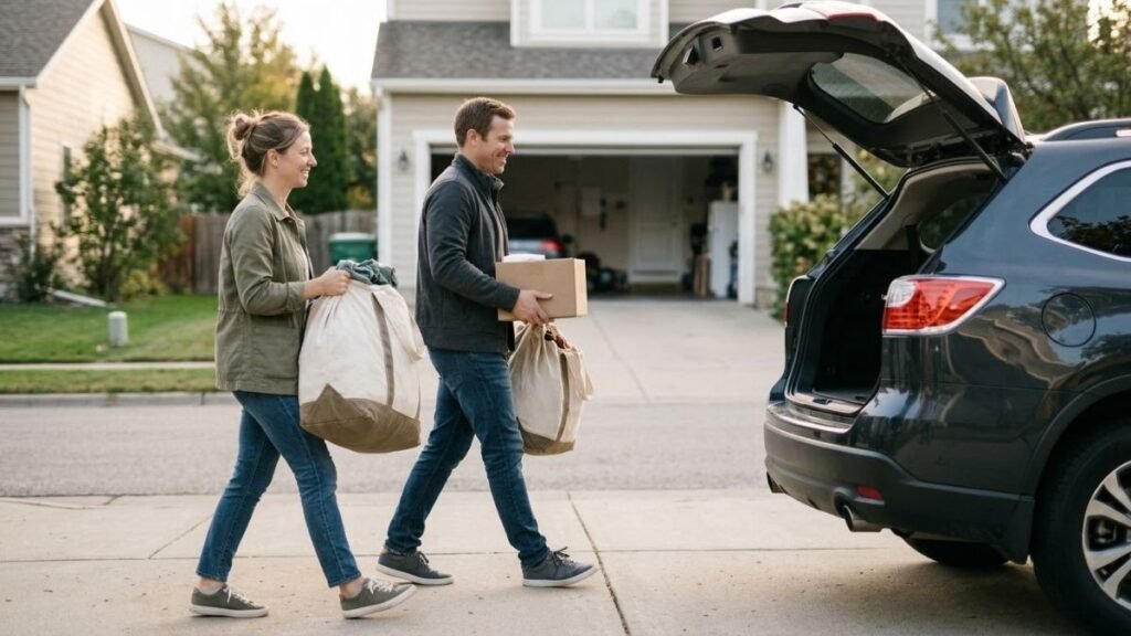 Couple carrying donation bags to their car after sorting household items