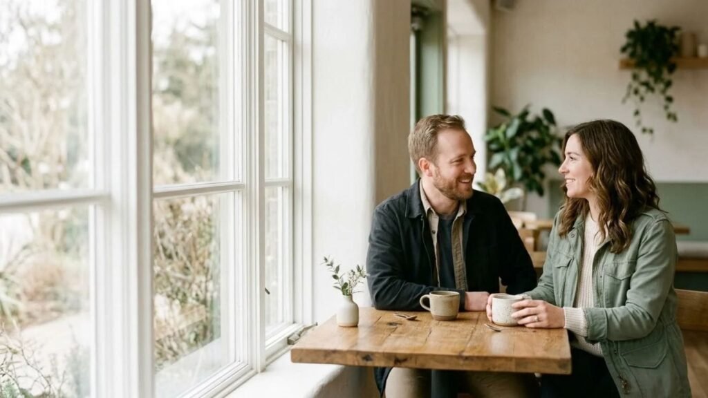 Couple having coffee at a table, a picture of the 3 month dating rule