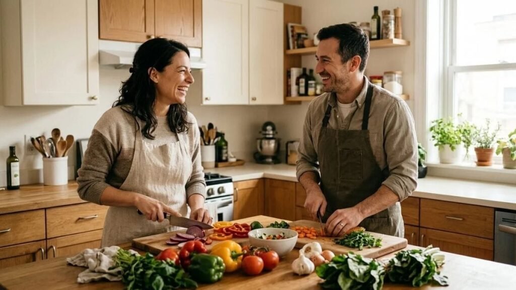 Couple cooking together in a home kitchen with date night ideas at home