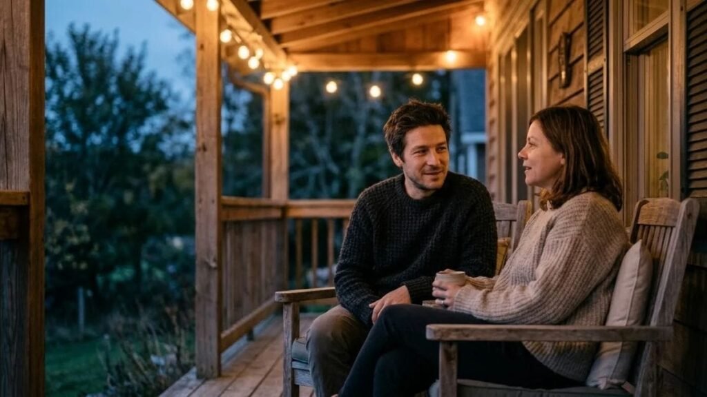 Couple on a porch at dusk sharing coffee and questions to ask your partner