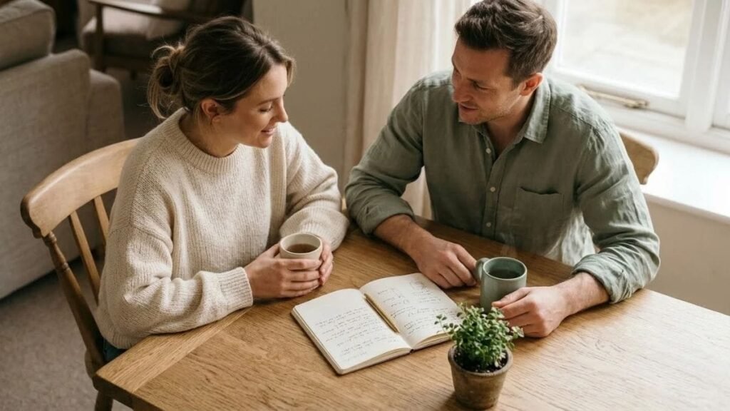 Couple planning their week at a table, using the 80 20 rule in a relationship