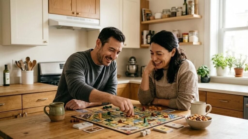 Couple playing a board game at a table with tea