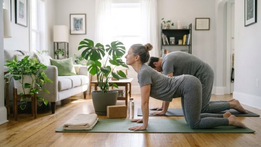 Couple practicing cat and cow poses side by side on mats at home