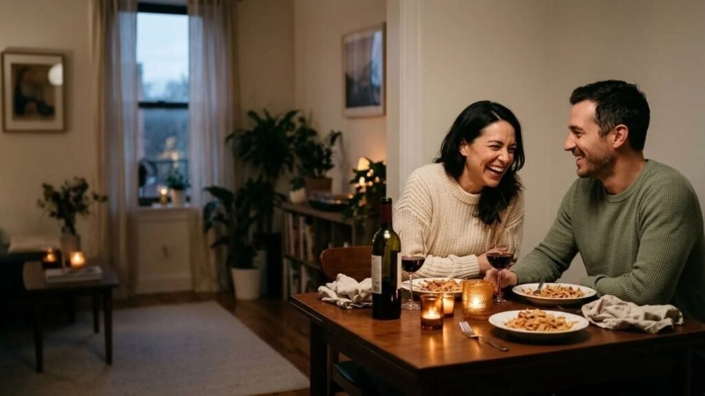 Couple sharing a candlelit dinner at home with date night ideas at home