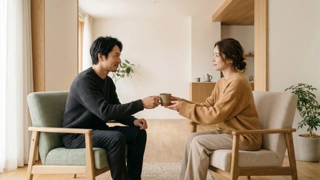 Couple sharing tea at a kitchen counter after a talk