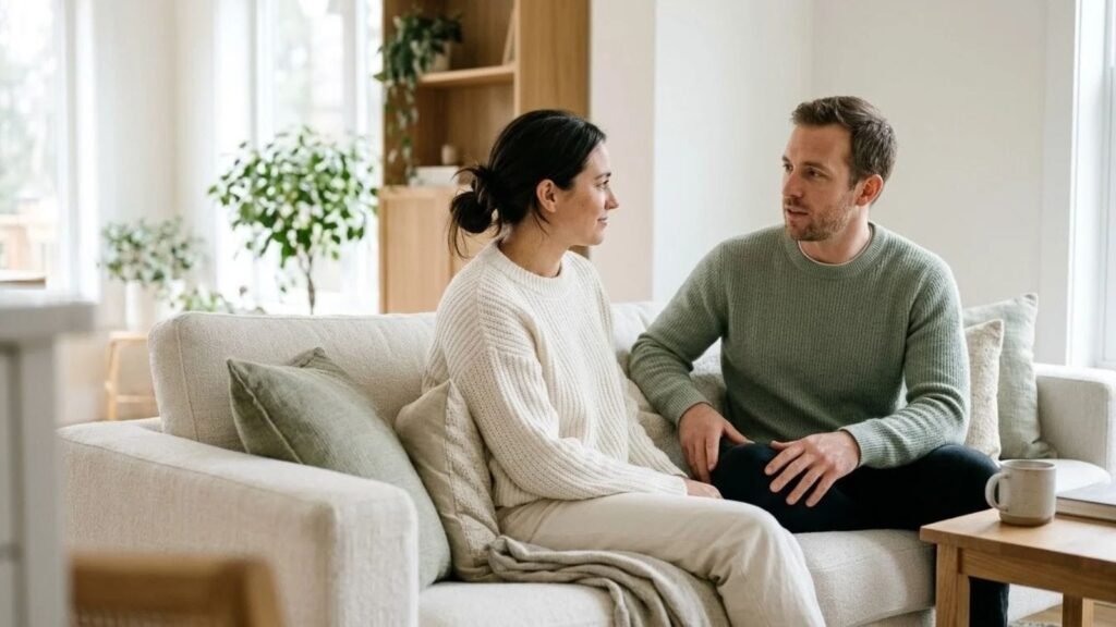 Couple sitting together on a sofa talking calmly about how to improve communication in a relationship