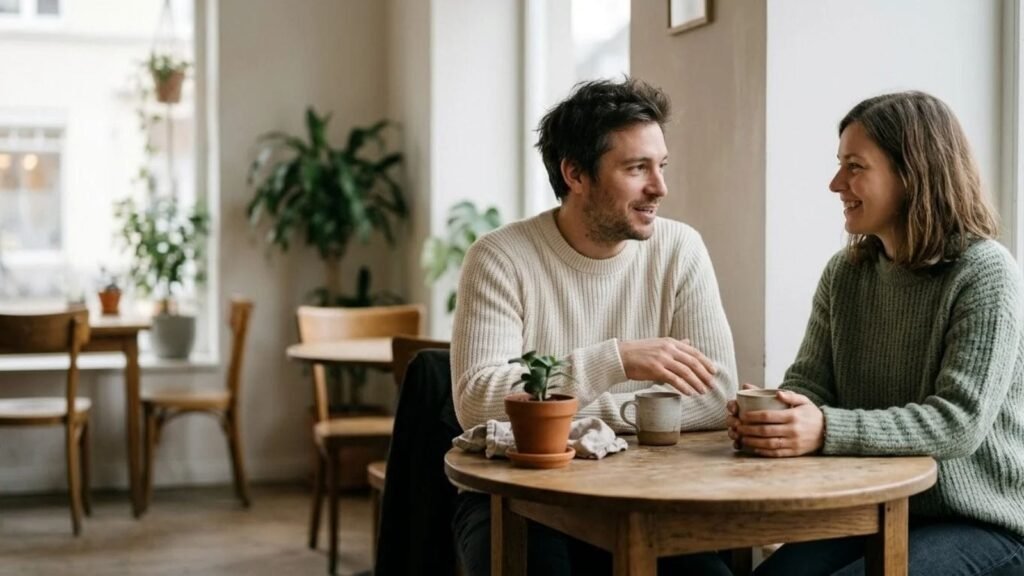 Couple smiling at each other over tea while sharing questions to ask your partner