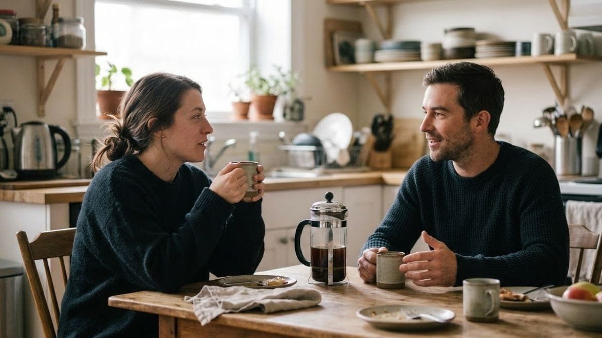 Couple talking calmly over coffee at a kitchen table, healthy relationship tips