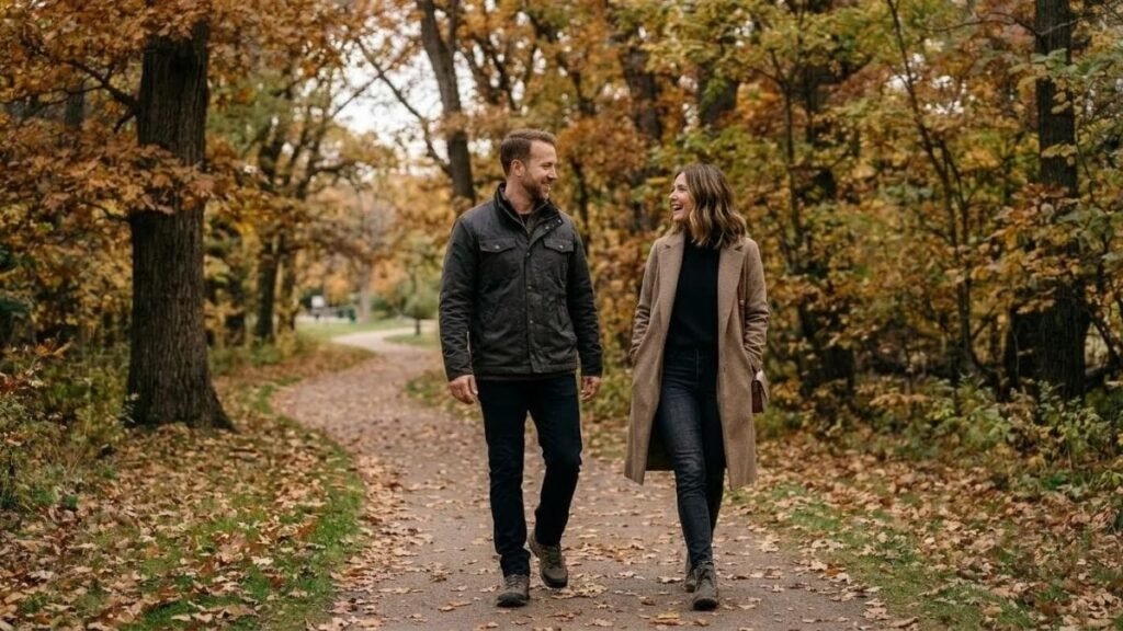 Couple walking side by side with a small gap along a park path, healthy boundaries in a relationship