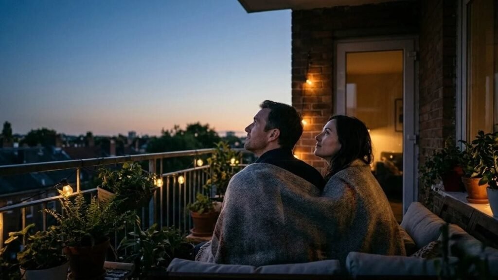 Couple wrapped in a blanket stargazing on a balcony for date night ideas at home