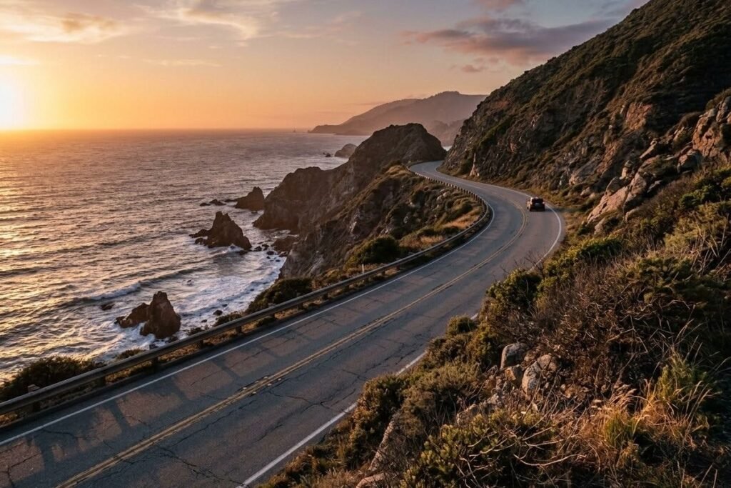 Curving coastal highway above the ocean at sunset, west coast road trip usa