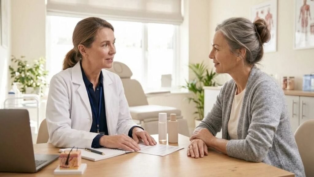 Dermatologist talking with a middle-aged patient about a skin care routine for women over 40