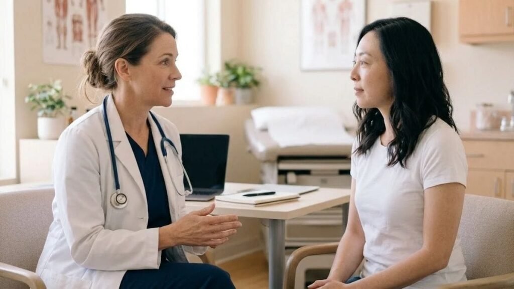 Doctor talking with a patient about dark circles, beyond how to cover dark circles with makeup
