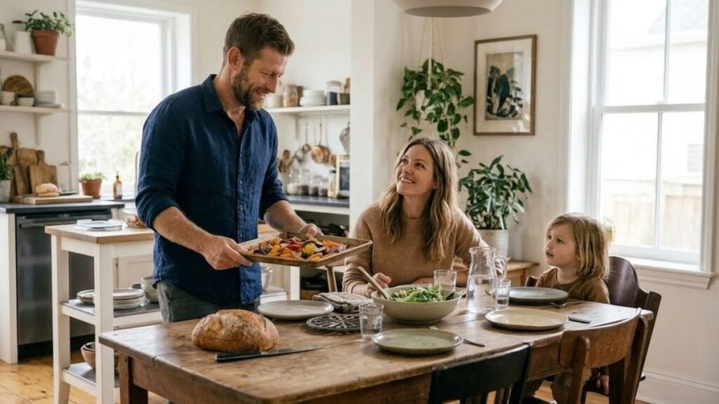 Family eating a simple weeknight dinner from quick healthy dinner ideas