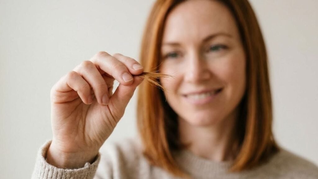 Fingers checking hair tips in soft light, a hair care routine for split ends