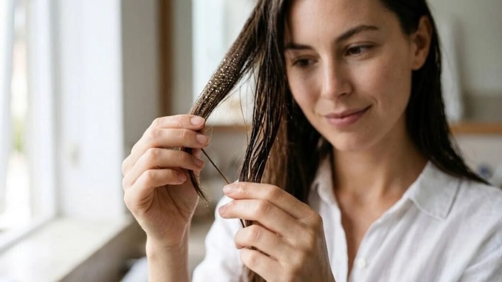  Fingers holding a hair strand with water drops for low porosity vs high porosity hair