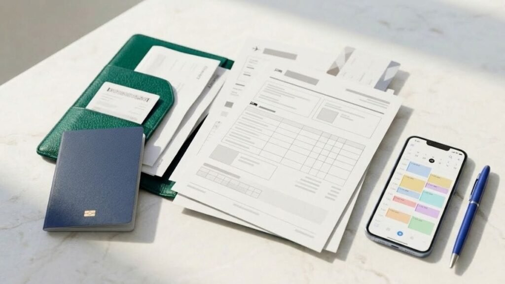Flight itinerary and hotel confirmation papers for a Travel Documents Checklist