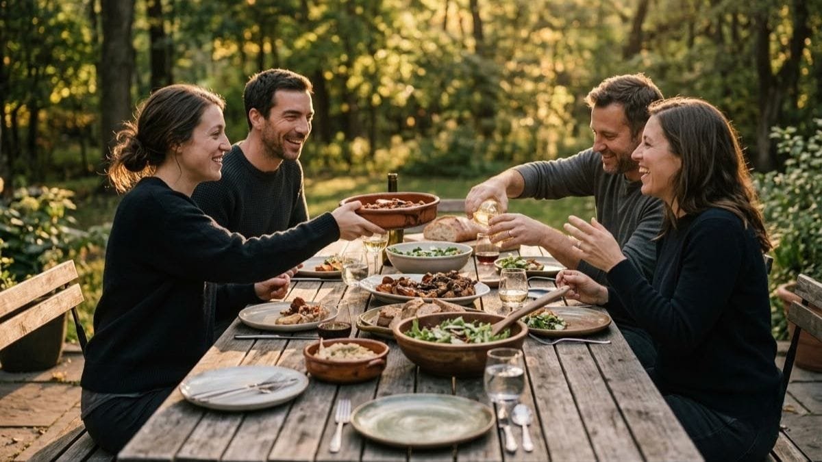 Friends sharing a meal at an outdoor table, healthy relationship tips