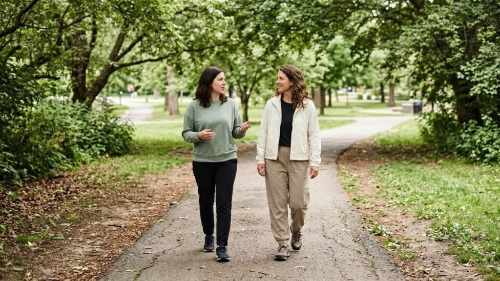 Habits for Health: two friends walking together on a park path.