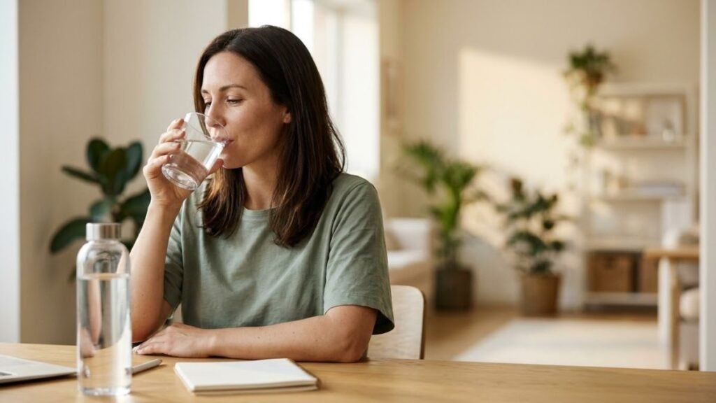 Habits for Health: woman drinking water during her morning routine.