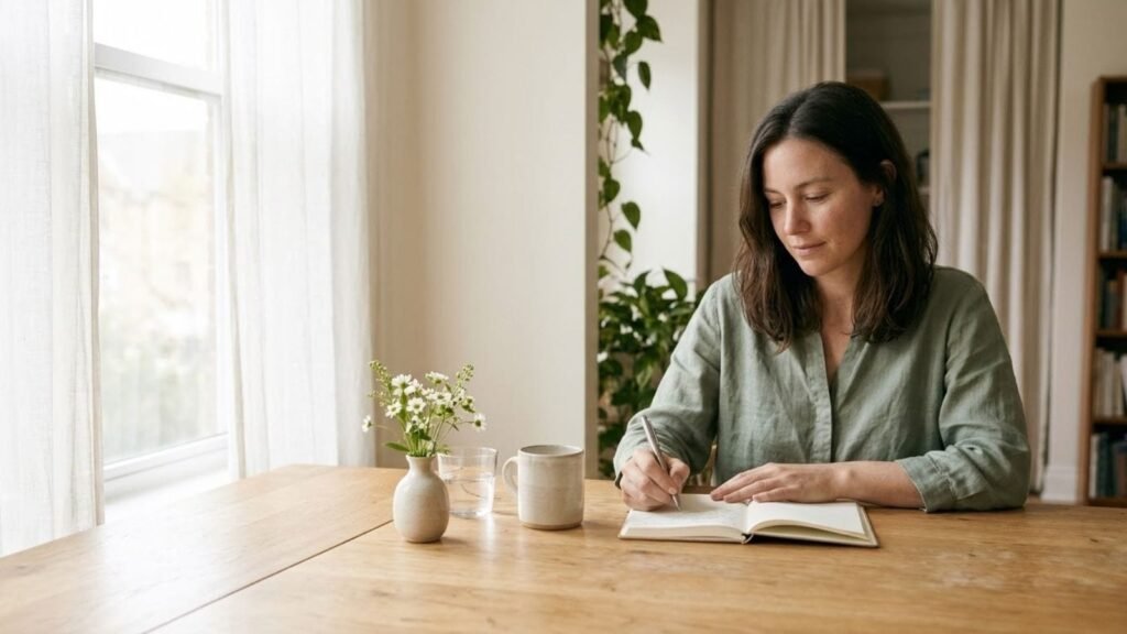 Habits for Health: woman journaling beside a ceramic mug at home.