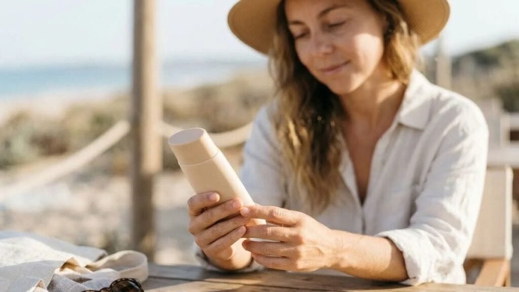 Hand reading a plain sunscreen bottle, a label check in how to choose sunscreen