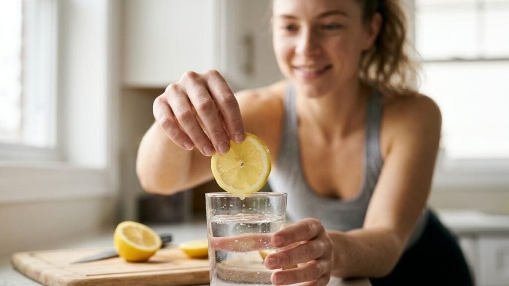 Hands adding lemon to a glass of water, a tip for how to drink more water