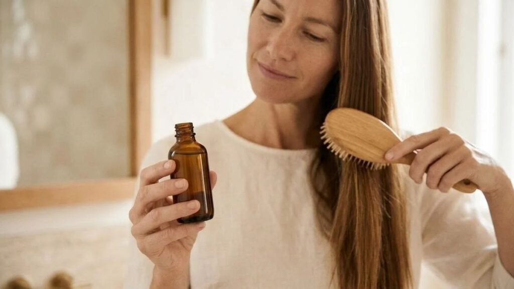 Hands brushing glossy hair with a little hair oil for how to get shiny hair