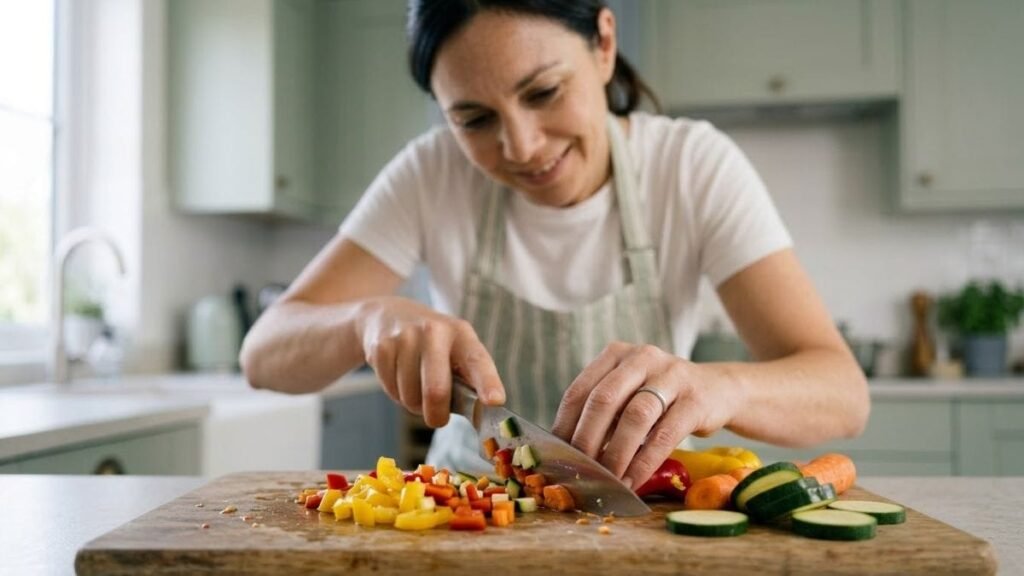 Hands chopping colorful vegetables, a step in meal prep for beginners