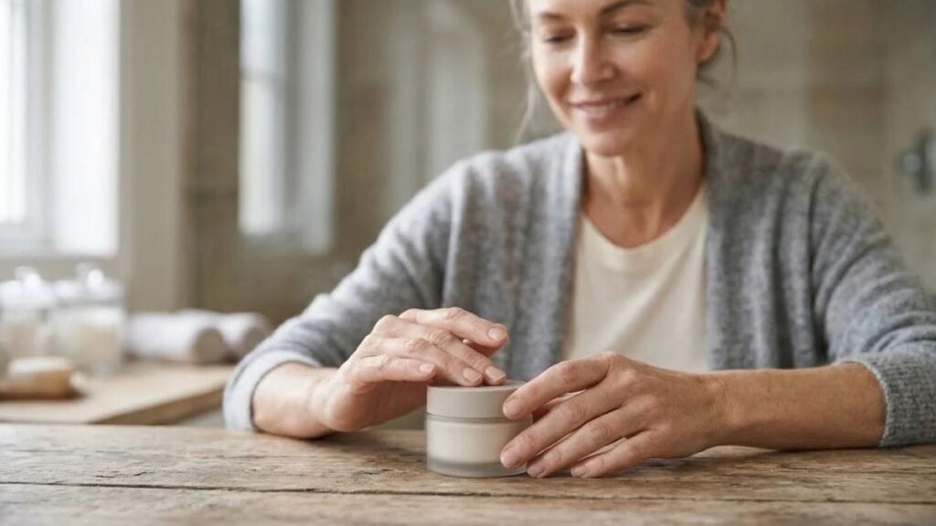 Hands holding a cream jar for a skin care routine for women over 40