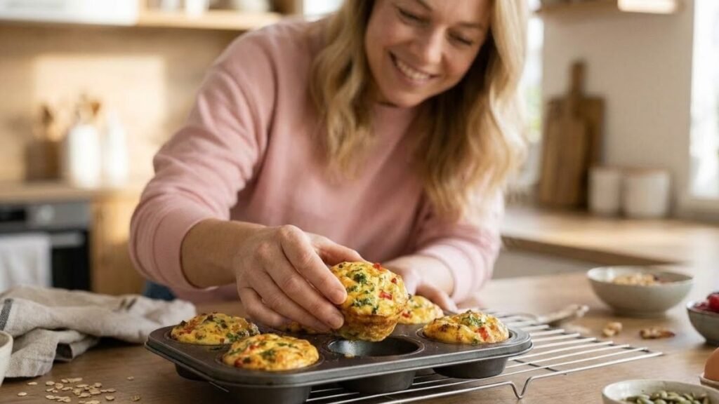 Hands lifting egg muffins for healthy breakfast ideas meal prep