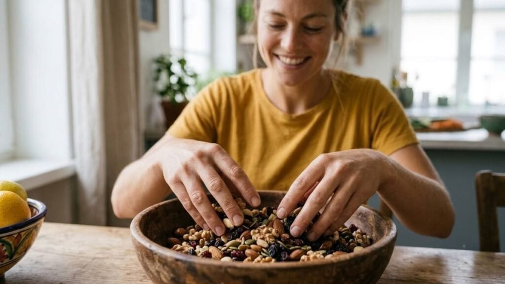  Hands mixing trail mix, a homemade option from a healthy snacks list