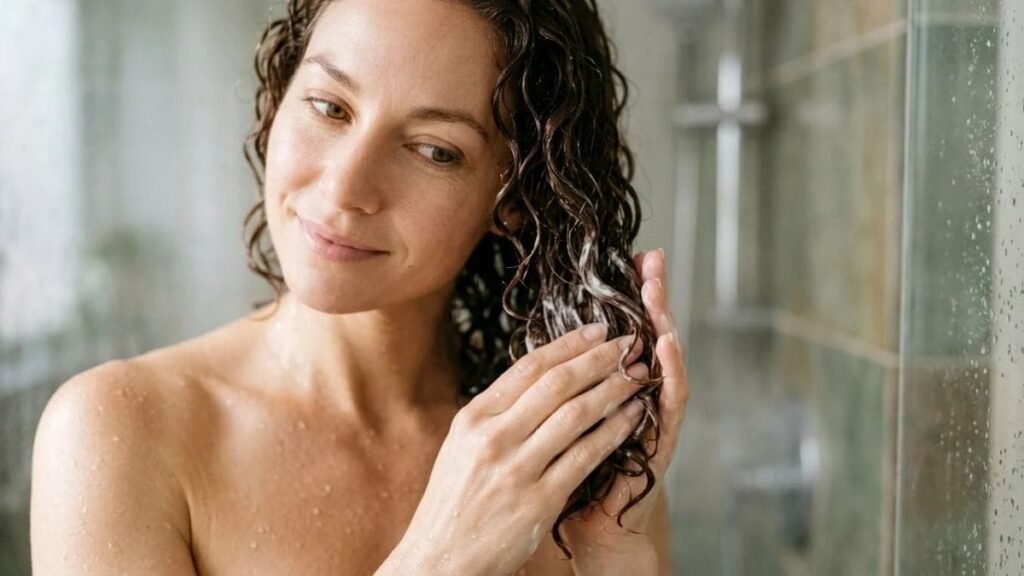 Hands working conditioner through wet curls in the shower, a hair care routine for curly hair step
