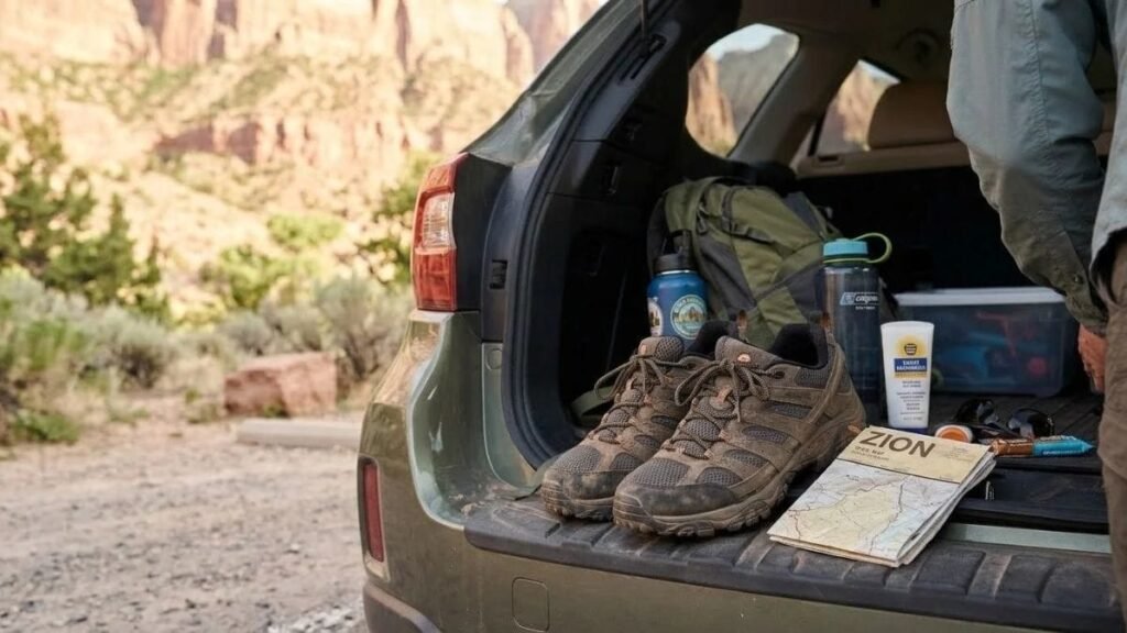 Hiking shoes and a trail map ready for Zion National Park