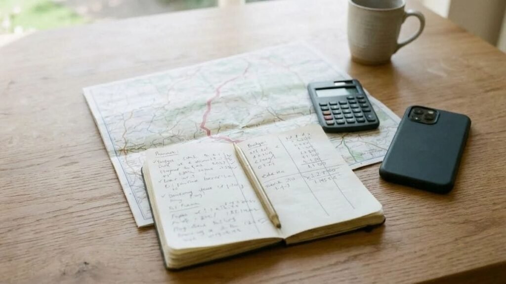 How to plan a road trip on a budget using a map, calculator and notebook
