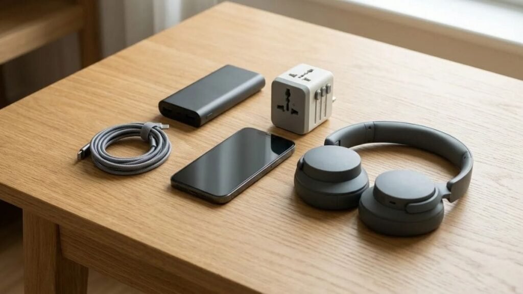 International travel packing list with charger, power bank and adapter