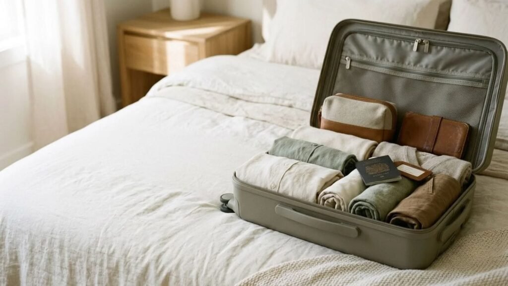 International travel packing list with clothes and passport