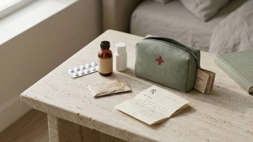 International travel packing list with labeled medicines and first-aid pouch