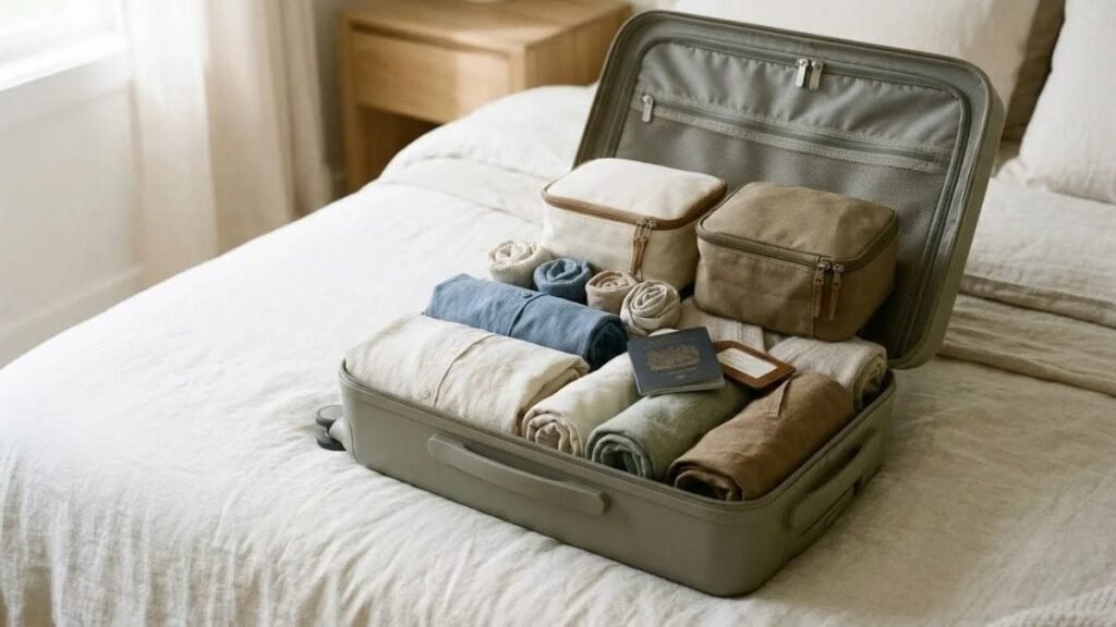 International travel packing list with organized clothes and passport