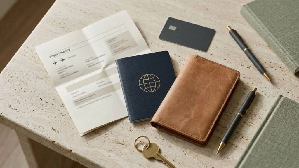 International travel packing list with passport and travel documents