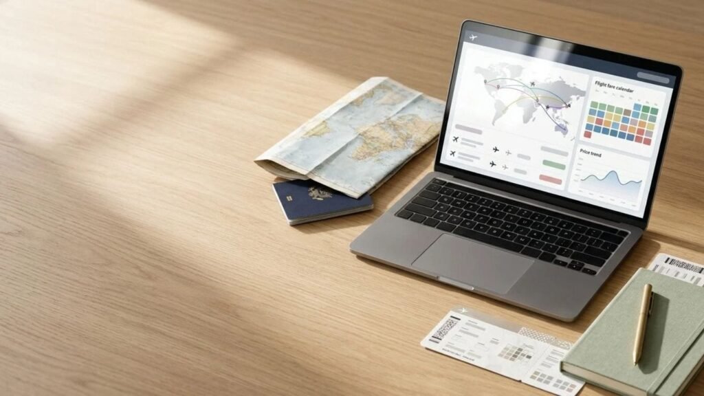Laptop and travel essentials for planning how to find cheap flights