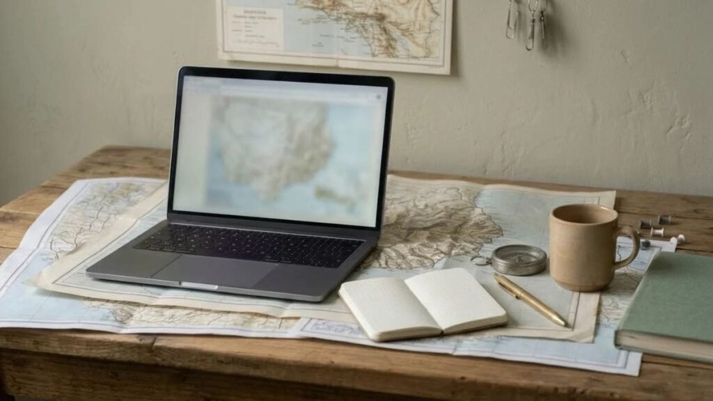 Laptop with a flight search and coffee